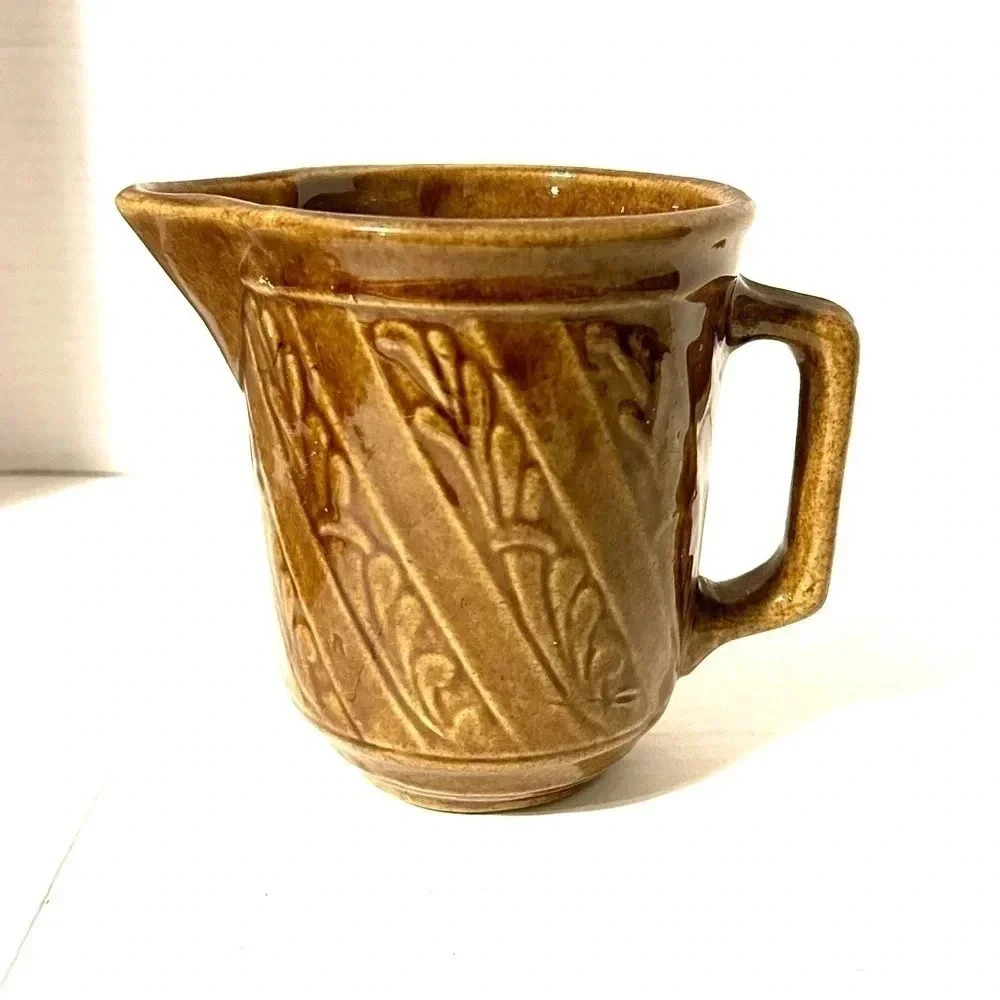 Vintage Leaf Pattern Brown Stoneware Drip Pottery Pitcher Small USA Made FLAW